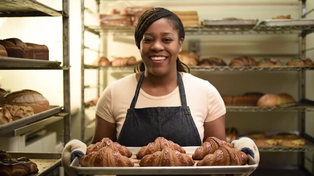 Woman baker holding tray of croissants in a bakery