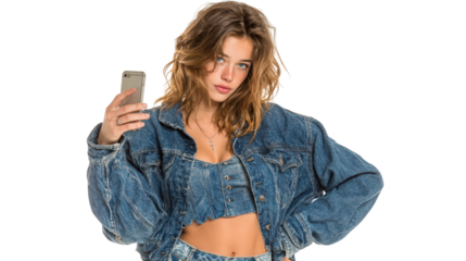 Stylish woman in denim jacket connects with mobile technology in urban setting