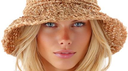 Stylish woman in a widebrimmed straw hat enjoying sunny summer day