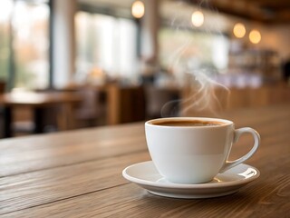 A warm cup of coffee steams gently on a wooden table, creating a cozy atmosphere in a blurred cafe setting