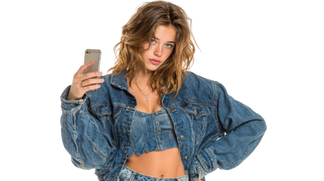 Stylish woman in denim jacket connects with mobile technology in urban setting