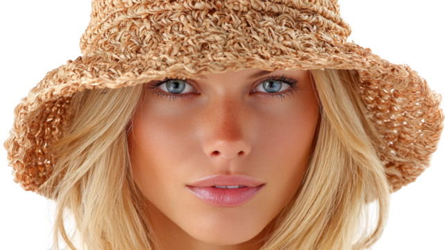 Stylish woman in a widebrimmed straw hat enjoying sunny summer day