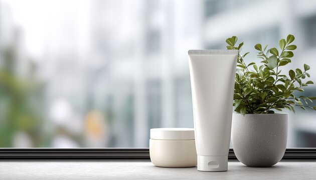 Cosmetic beauty product mockup with a white tube and jar, cream or serum on a window table, and a plant in a pot near the windowsill. Close-up view of a cosmetic skin care set for a natural, organic 