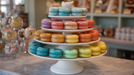 Colorful pastries displayed on tiered stand