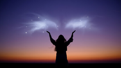 A silhouette of a woman ascending into a glowing sky at twilight with soft stars beginning to appear and clouds forming angelic shapes. Quiet and symbolic. Assumption Day