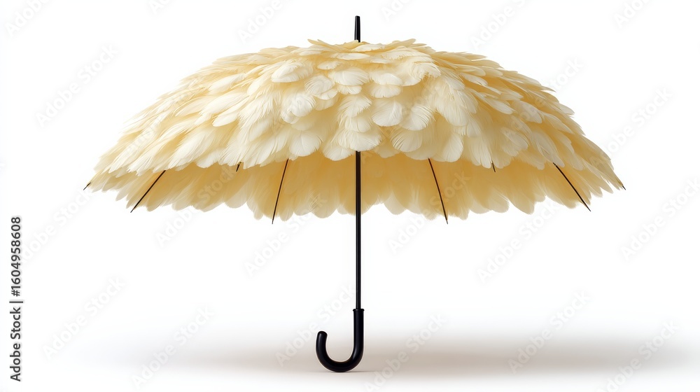 Poster surreal umbrella made of delicate feathers with intricate textures on a white background