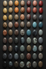 The image showcases a visually appealing flat lay of colorful pebbles, arranged on a dark background, with varying textures and natural patterns, captured in high-resolution studio lighting.