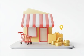 A 3d store with shopping cart coins and location pin on white