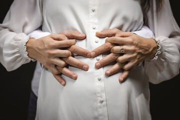 Hands of expecting couple on pregnant belly &ndash; close-up maternity and parenthood concept