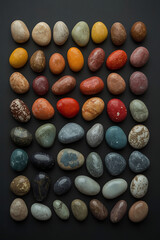 The image showcases a visually appealing flat lay of colorful pebbles, arranged on a dark background, with varying textures and natural patterns, captured in high-resolution studio lighting.