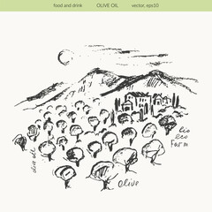 Hand drawn olive tree farm ink sketch. Landscape with plants, buildings, mountains. For food and drink background
