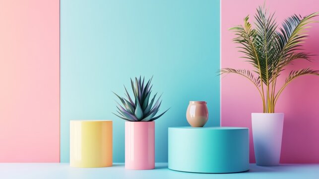 Colorful minimalist interior design with vases and plants on pastel blue and pink background wall