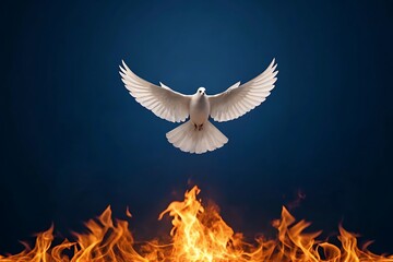 Obraz premium A white dove soars above vibrant flames, symbolizing peace, hope, and the holy spirit against a deep blue background