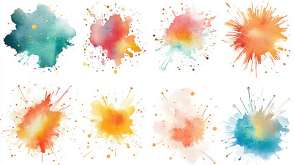 Eight Watercolor Splashes. Abstract, Vibrant, Gold Accents, Artistic Design Elements