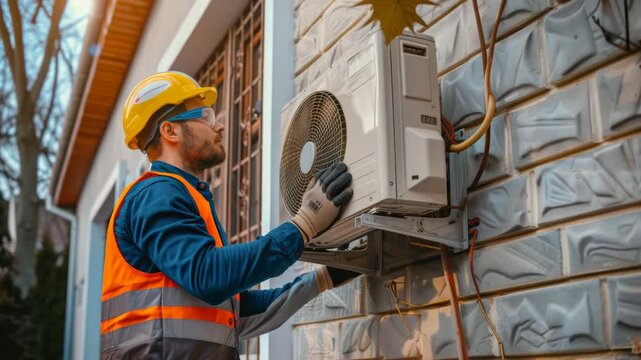Technician installs air conditioning unit on exterior wall of residential building in daytime