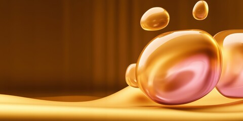 Obraz premium Gold liquid bubbles shine on glossy abstract luxury background, ideal for beauty cosmetic and skincare design concepts, modern elegant wellness visual