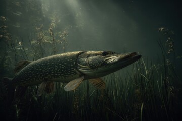 Pike fish submerged in murky water (1)