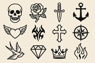 Fototapeta premium Vintage tattoo designs collection with skull, rose, anchor, and more icons