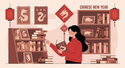 Celebrating Chinese New Year With Books And Decorations At Home Illustration