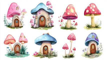 Fototapeta premium Whimsical Watercolor Mushroom Houses. Fairytale Cottage Collection, Charming Fantasy Homes, Enchanting Illustrations.