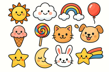 Naklejka premium Cute cartoon icons: sun, cloud, rainbow, balloon, ice cream, lollipop, cat, dog, star, moon, bunny, shooting star