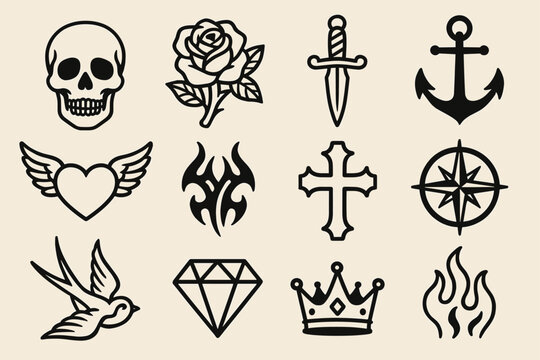 Vintage tattoo designs collection with skull, rose, anchor, and more icons