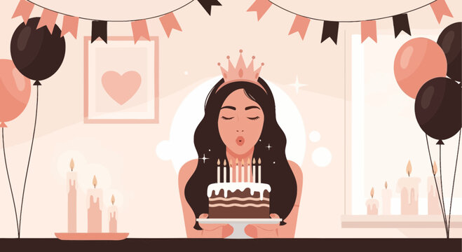 Celebrating Birthday Girl Blowing Out Candles Surrounded By Balloons And Decorations - Powered by Adobe