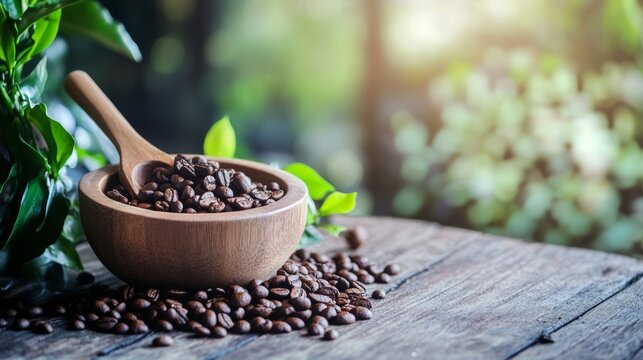 Wooden spoon filled with roasted coffee beans on rustic surface outdoors with green background nature light - Powered by Adobe
