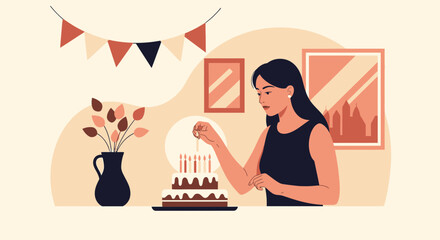 Celebration Moment Young Woman Igniting Candles On Birthday Cake Happiness