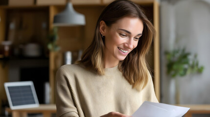 Smiling homeowner checking lower electricity bill with solar panel 