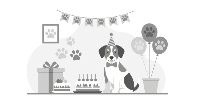 Charming Birthday Party Illustration Featuring a Dapper Dog and Paw Print Decor