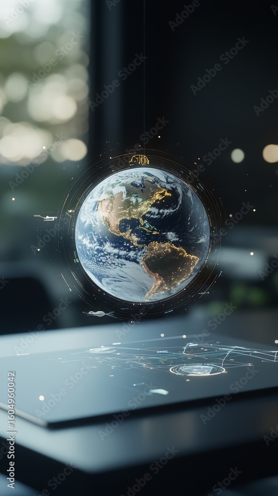 Poster holographic projection of planet earth floating above a futuristic tablet displaying flight paths an