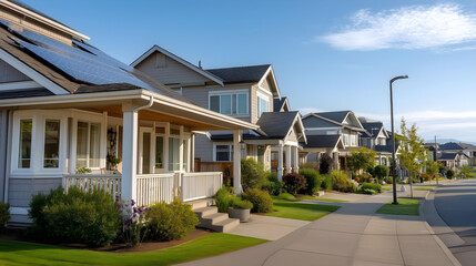 Fototapeta premium Street-level wide shot of a row of homes with visible solar panels