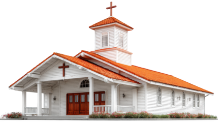 Picturesque white church with a vibrant red roof in serene countryside setting