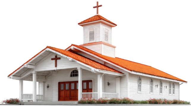 Picturesque white church with a vibrant red roof in serene countryside setting