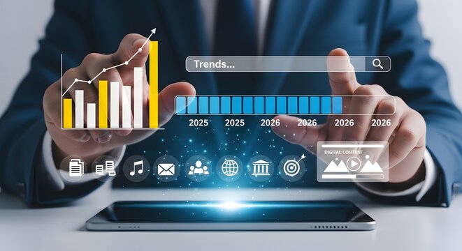 Businessman analyzing financial data on a futuristic holographic interface