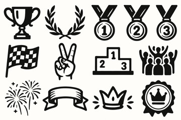 Achievement icons: trophies, medals, podium, and celebratory symbols in black and white