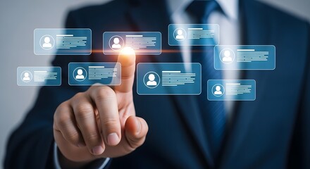 Businessman interacting with digital profiles on a futuristic interface