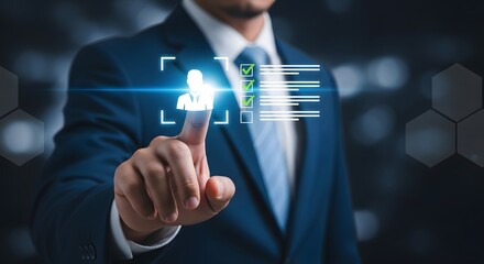 Businessman interacting with futuristic digital interface and data