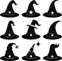 Collection of Sixteen Witch Hats in a Flat Design Style for Halloween