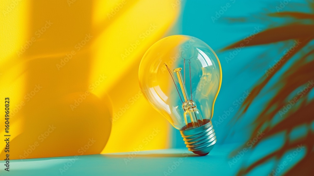 Poster creative concept with light bulb and palm leaf shadow on colorful modern minimal background composit