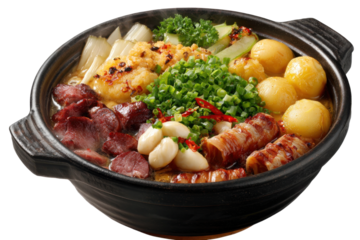 Sizzling hot pot feast restaurant food photography culinary close-up. Isolated on transparent background, png.