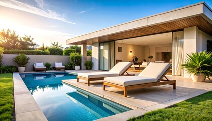 Fototapeta premium Modern Poolside Lounge with Minimal Open Living Space