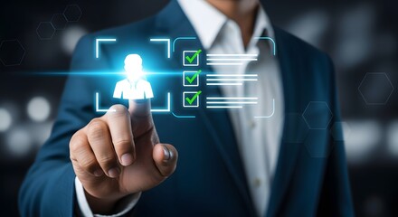 Businessman selecting a candidate from a digital profile on a futuristic interface