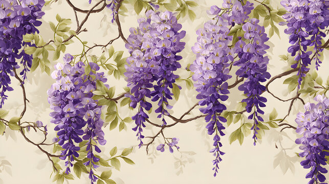 Cascading Wisteria: A Geometric Dance of Purple Blooms and Green Vines