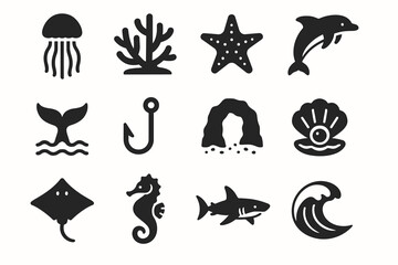 Fototapeta premium Ocean icons set: marine life symbols with dolphin, seahorse, shark, and coral