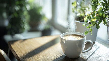 Coffee cup on wooden table near bright window with plants and morning light in cozy lifestyle concept