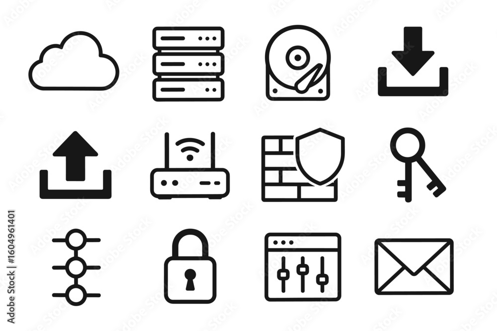 Poster cloud computing and cybersecurity icons including server, firewall, and encryption