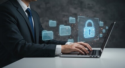 Secure Data Encryption: Businessman Protecting Digital Files with Holographic Lock and Folders on Laptop