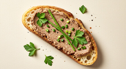 liver p&acirc;t&eacute; on artisan bread with fresh herbs